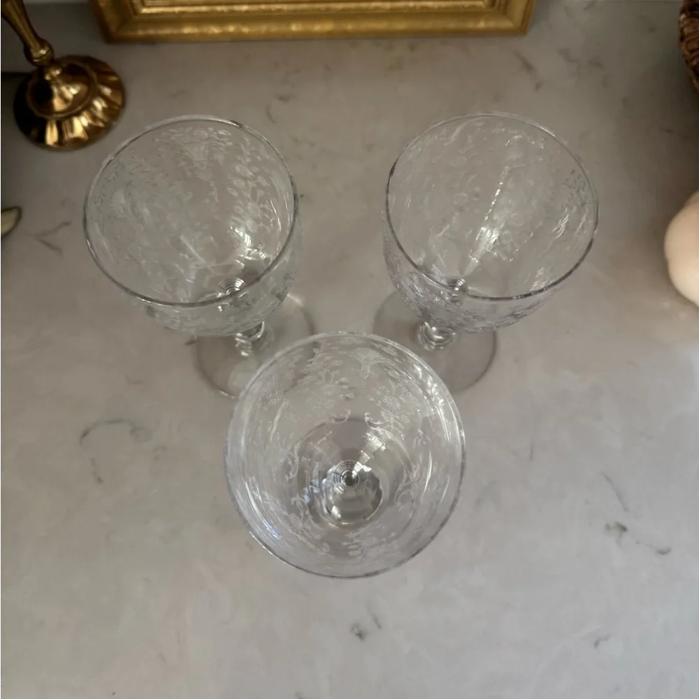 Duncan&Miller First Love Wine Goblet 6 3/4” Vintage Floral Etched Set of 3 - Picture 3 of 10